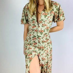 Vintage Olive Floral Button Down Midi Dress L